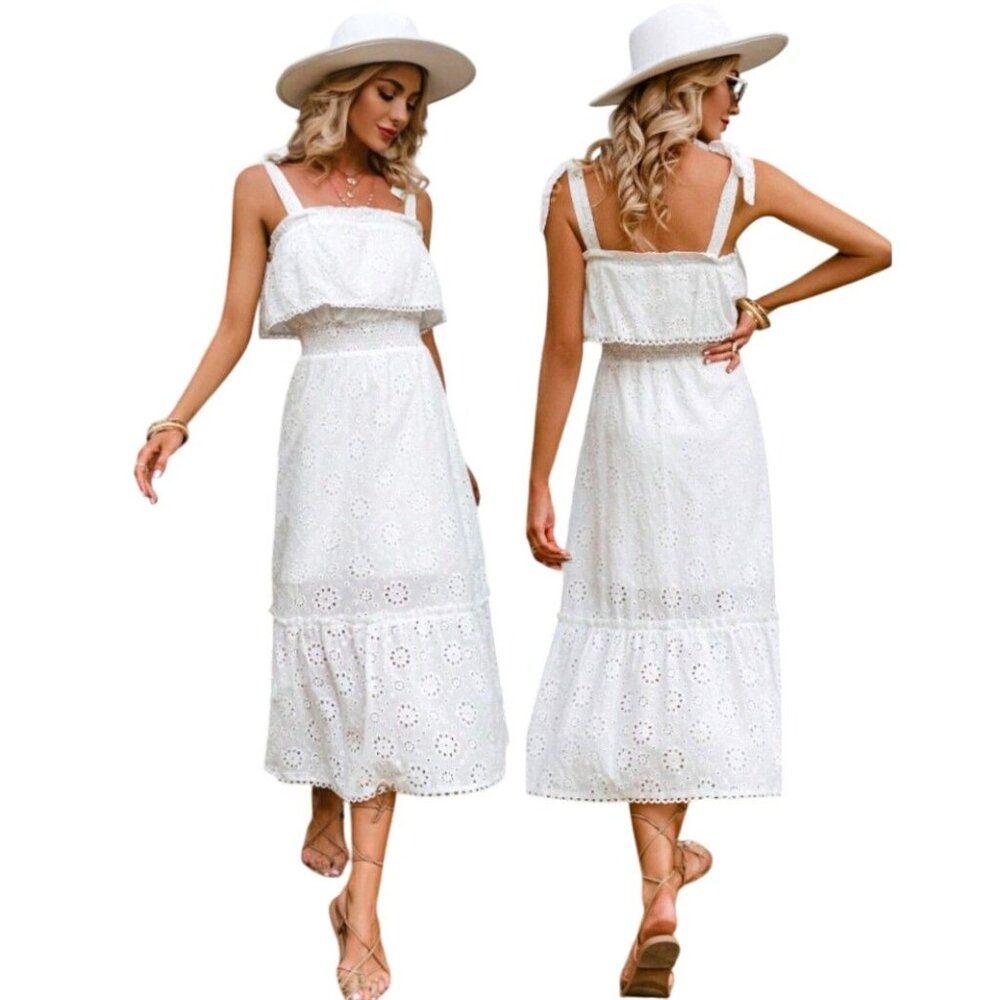 Simplee White Eyelet Lace Whimsy Cottagecore Prairie Halter Twee Dress S NWOT